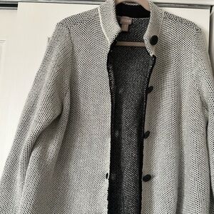 Chico's Black & White Textured Knit Button Front Jacket/Cardigan Sweater